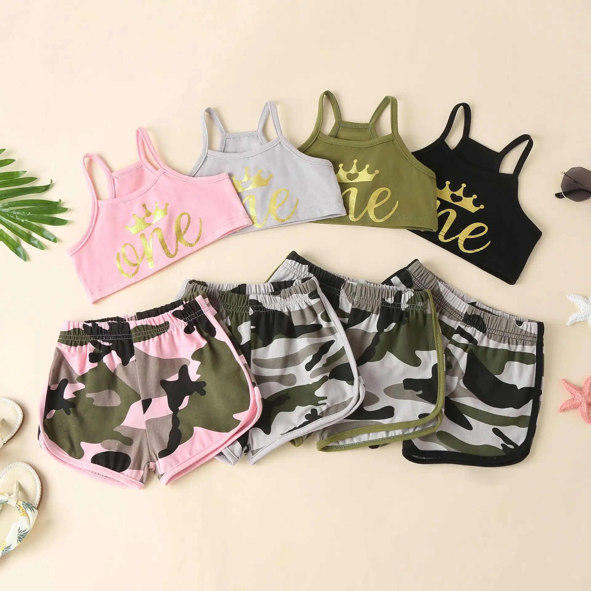 

2022 Summer New Children's Clothing Printed Fashion Vest Suspenders Camo Shorts Two-piece Set Baby Girl Clothes Fashion Clothes