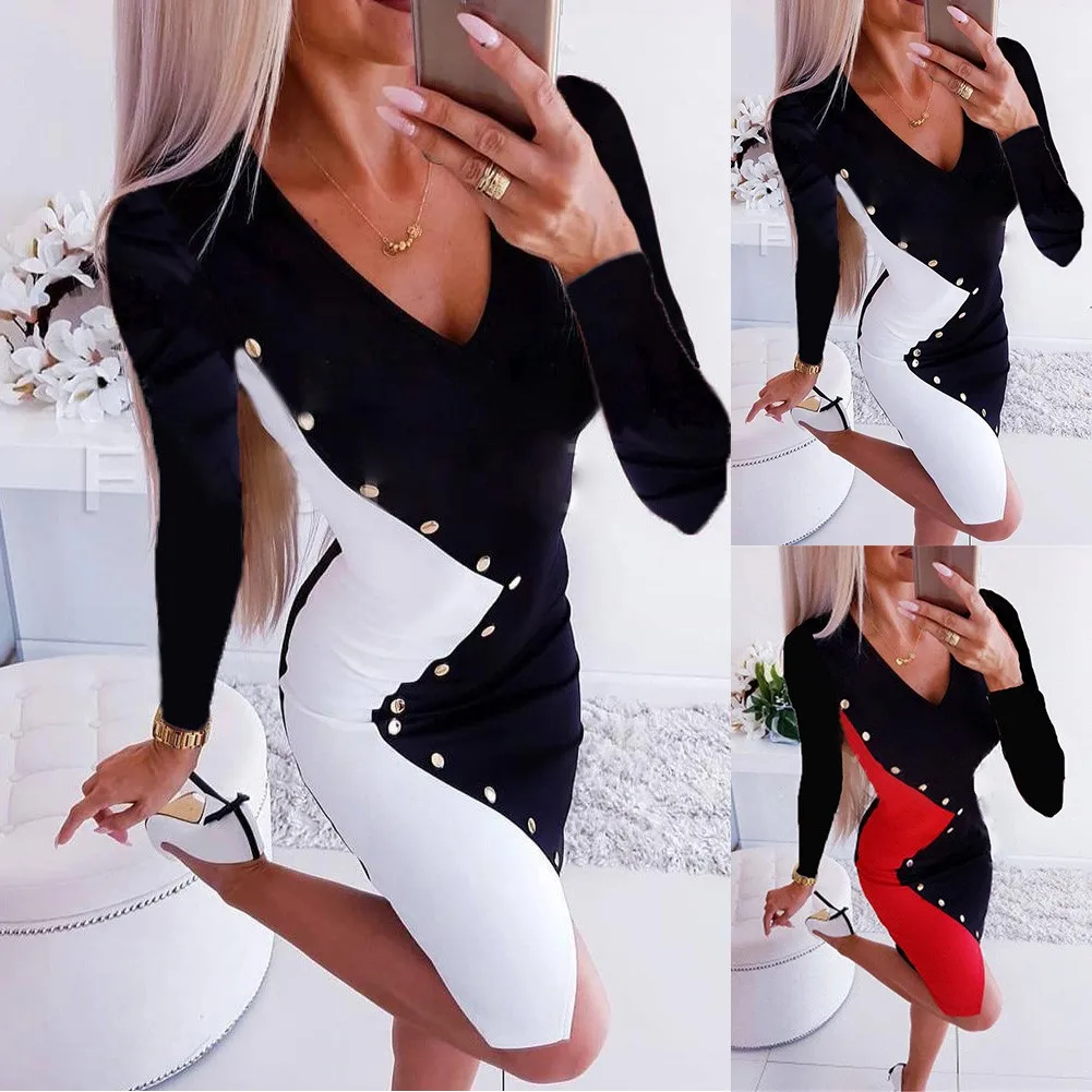 

Women Sexy V Neck Slim Mini Pencil Dress Lady Classic Contrasting Bodycon Pullover Long Sleeve Elegant Ball Gown Party Dresses