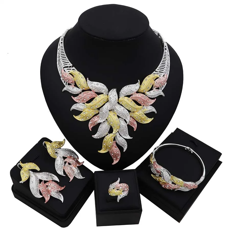 TSROUND Роскошные три тона Цветущий лист цветок циркон серьги ожерелье набор