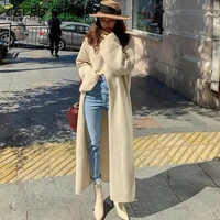 shijia new autumn chic o neck long sleeve loose female knitted pullovers woman sweater long split apricot loose jumper femme