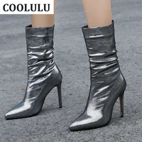 coolulu sexy slouch mid calf boots pointed toe stiletto high heel women boots black slouchy thin heel boots party shoe all match