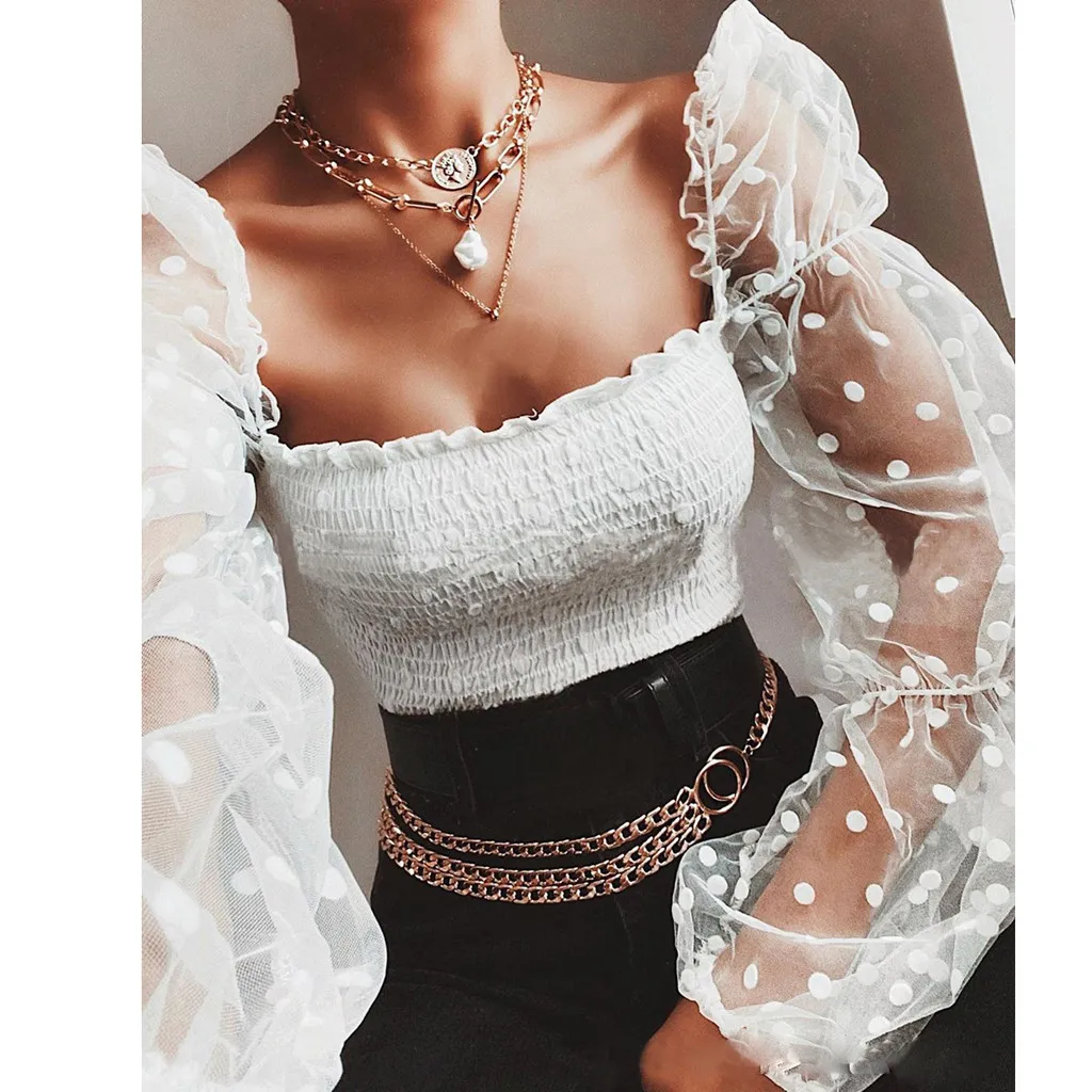 SAGACE Womens Tops Sexy Off-shoulder Solid Slim Party Stylish Wrinkled Backless Patchwork Puff Sleeve Fashion Ladies | Женская одежда