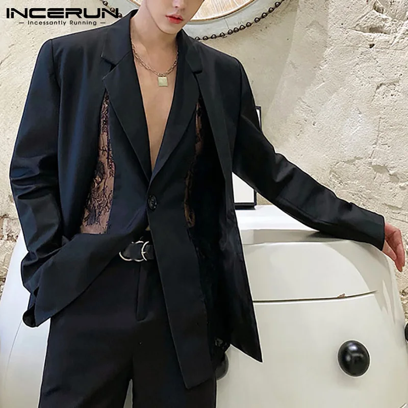 

2022 Men Blazer Mesh Patchwork Lapel Long Sleeve See Through Casual Men Suits Streetwear One Button Fashion Thin Jackets INCERUN