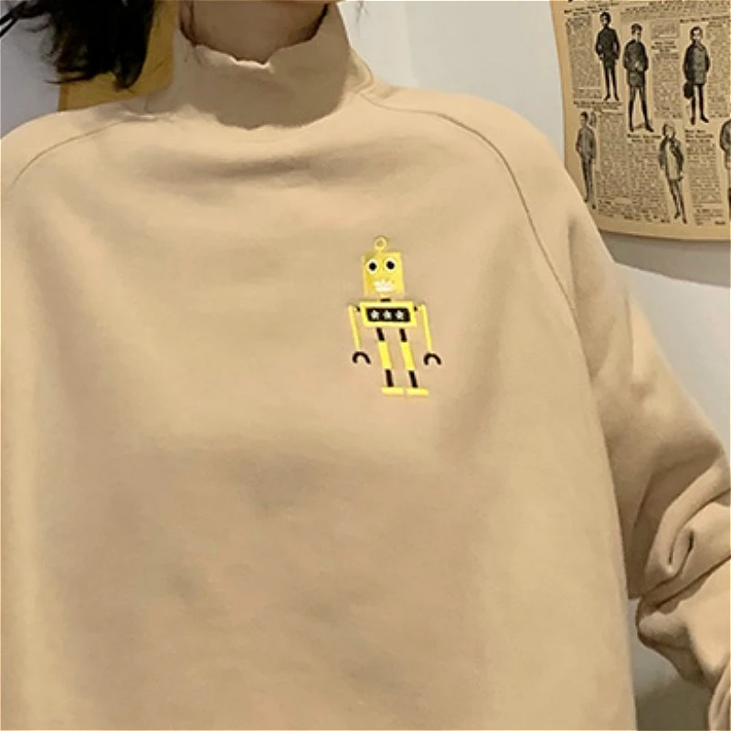 

Hoodies Women Thickening Lovely Korean Embroidery Cartoon Femme Simple Chic Street Style Sweet Long Sleeve Girls 3 Colors Cozy