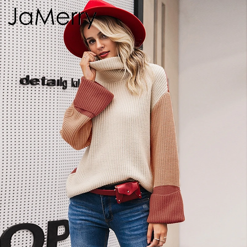 Brick Red JaMerry винтажные Лоскутные вязаные свитера с высоким воротом Женские повседневные с длинным рукавом корейский пуловер Джемпер женский свитер уличная одежда - Цвет: Brick Red