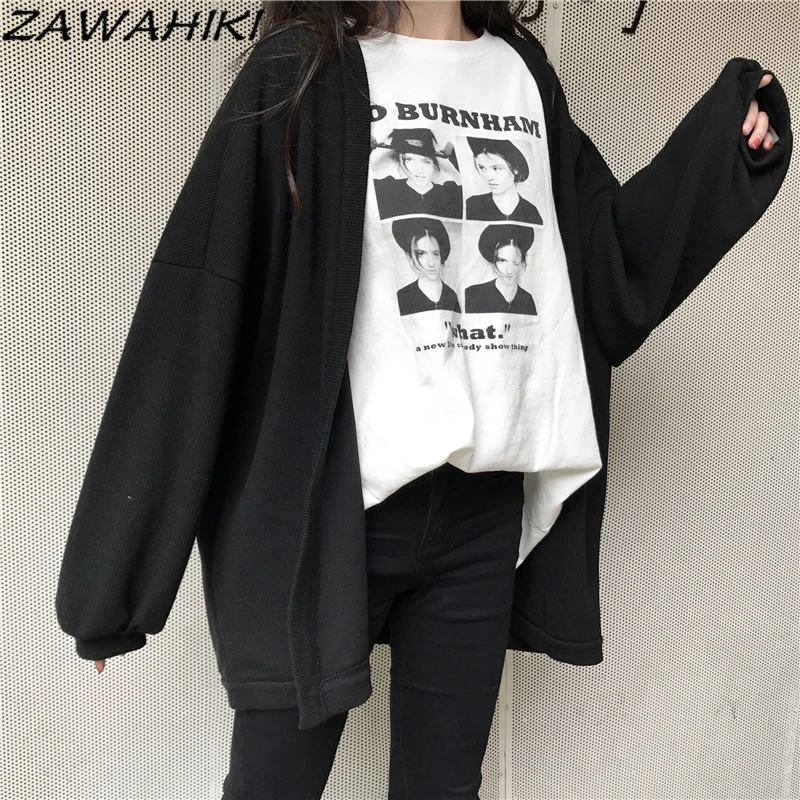 

ZAWAHIKI Autumn Korean Version Loose Wild Harajuku Style Bf Thickened Batwing Sleeve Mid-length Sweater Cardigan Jacket Women