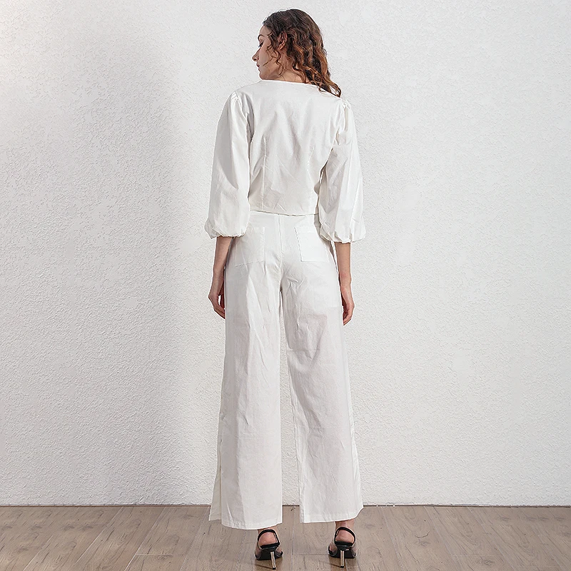 

GALCAUR Casual Two Piece Set For Women V Neck Lantern Sleeve Short Tops Wide Leg Pants Solid Sets Female Fashion New Clothing