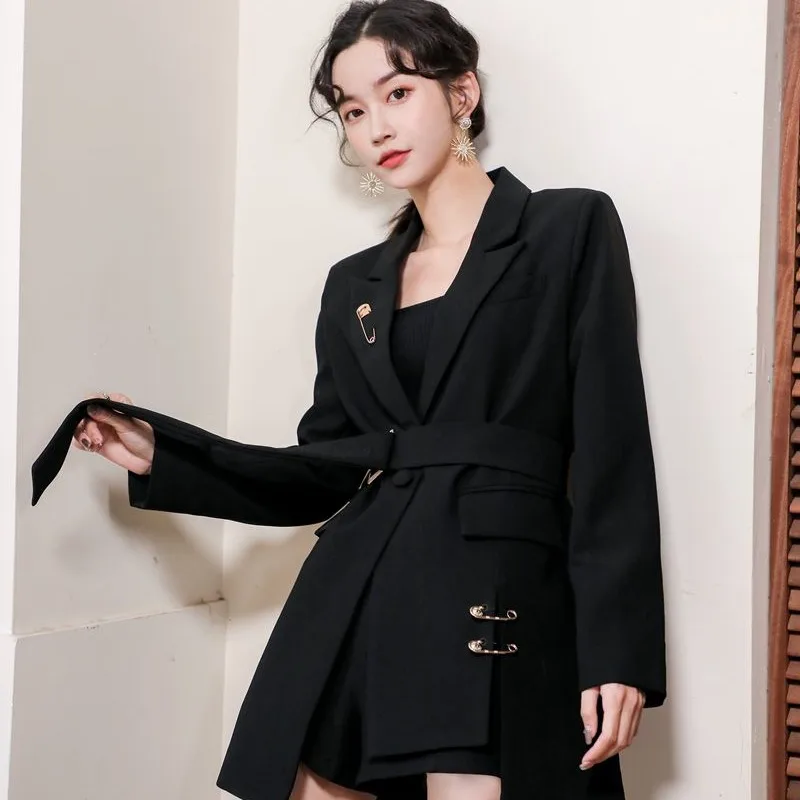 Womens Autumn Winter Long-Sleeved Black Suit Jacket Coat Korean Style Fashion Design Sense Slim A-Button Elegant High Street Top