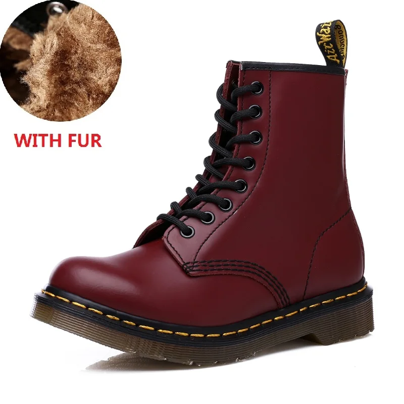 Red with fur Dr/ Зимние Теплые ботильоны в байкерском стиле; женские Ботинки martin на меху; Высокая Водонепроницаемая женская обувь для взрослых; модная обувь - Цвет: Red with fur