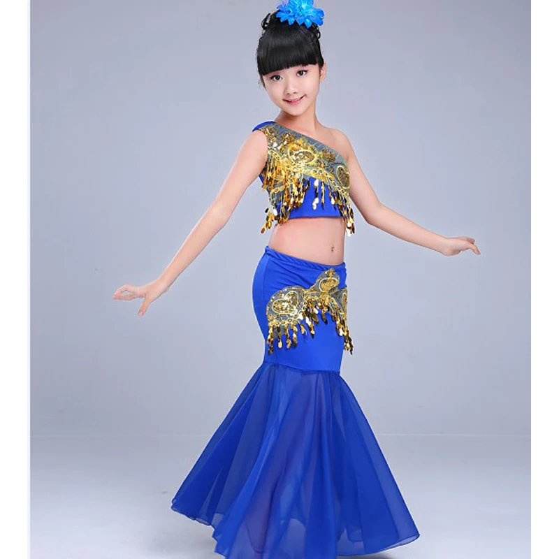 Blue set Детские костюмы для танца живота для девочек, 3 шт., женский жилет с открытыми плечами, юбка в виде рыбьего хвоста, дизайн с блестками, детская одежда для костюмированной вечеринки - Цвет: Blue set