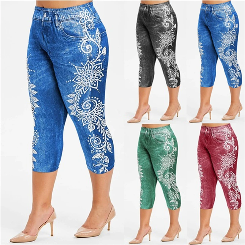 

Printed False Denim Short Leggings 3\4 Women Jeans Leggings High Waist Breeches Capri Pants Super Elastic Jeggings Plus Size 3XL