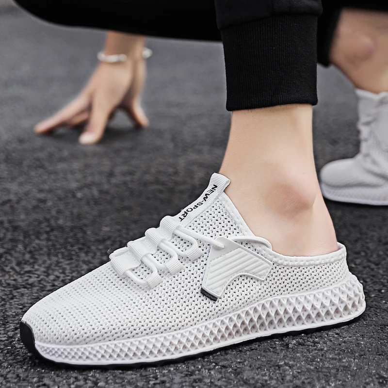 

FIXSYS Summer Mens Casual Shoes Mesh Breathable Half Loafers Lightweight Sneakers Flying Weaving Shoes Outdoor Slipper Man Mules