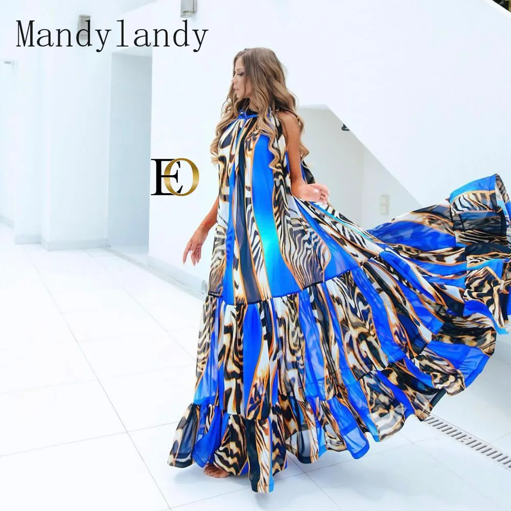 

Mandylandy Women's Print Loose Beach Vacation Dress Ladies Elegant Sleeveless O Neck Ruffle Dress