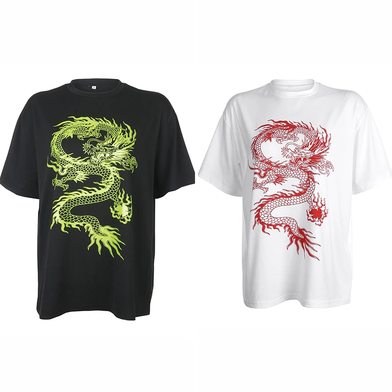 

Chinese Dragon Print T-Shirt Women Casual Short Sleeve Street Style Oversized Long Shirts Classic Round Neck Shirt for Summer