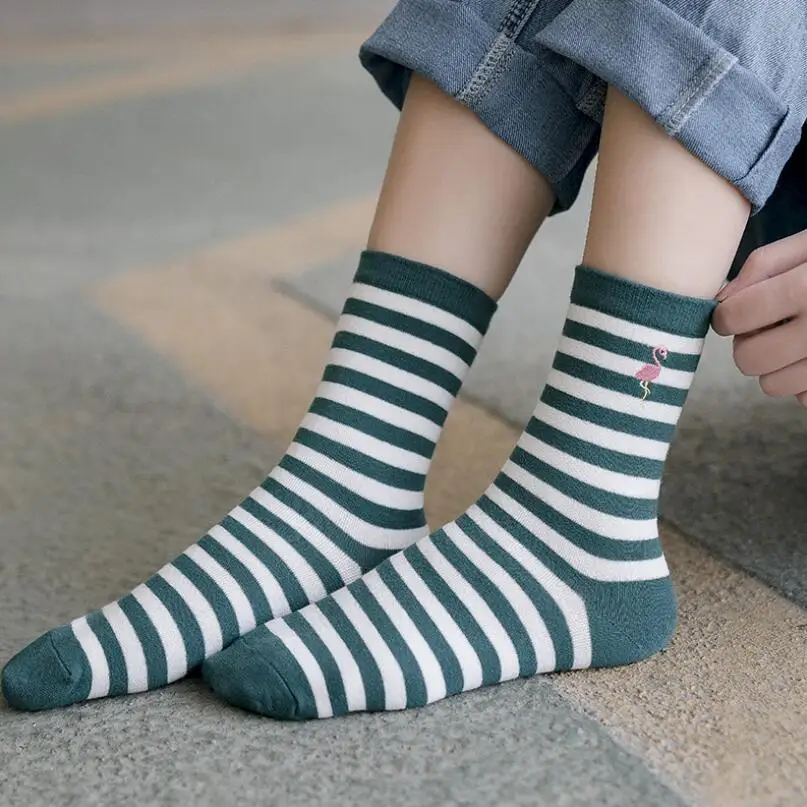 Woman Flamingo Embroidered Ankle Socks Students Soild Cotton Socks Crew Sock Girls Embroidery Cotton Striped Ankle Socks 5 Pair