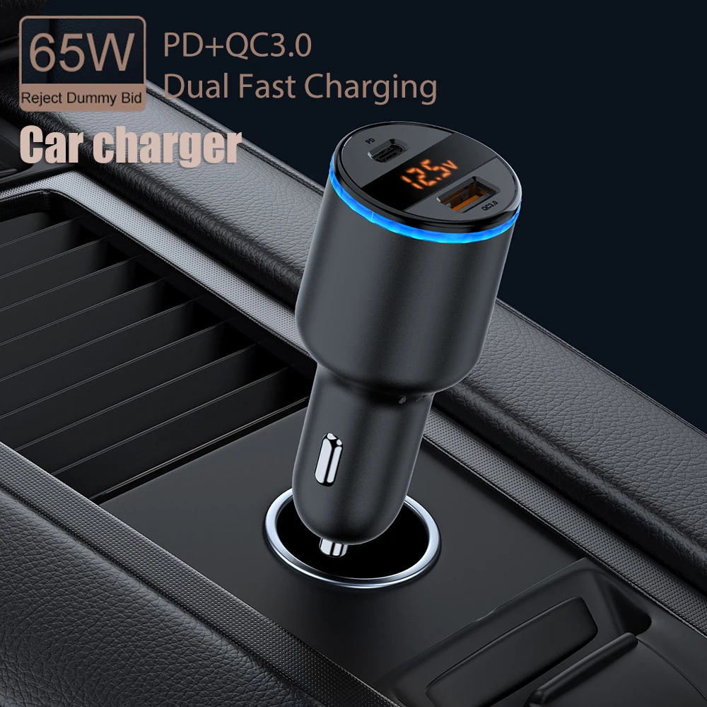 

65W PD USB Car Charger with Voltage Display Quick Charging QC3.0 Type-C USB Dual Auto Charger for Mobile Phone Black