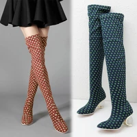 stretchy womens green floral rhinestone block shoes over knee boots female booties party plus sz n056