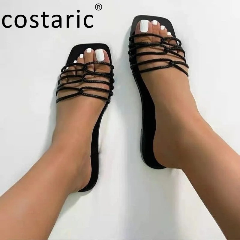 

Square Toe Narrow Band Women Slippers Fashion Outdoor Light Elegant Sandals Women Summer Sexy Solid Color Flat Cross Slides 2021