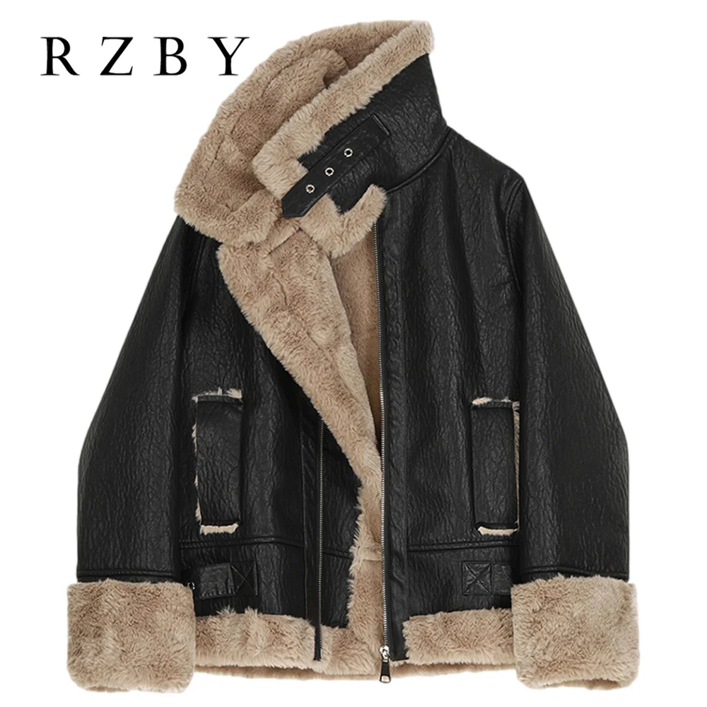 Plush Leather Thick Jacket Female Korean Version Loose Winter Locomotive Style Outwear Coat Imitation Mink Fur Chaqueta RZB224