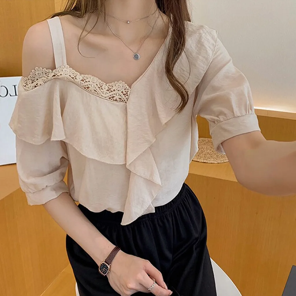 Большие размеры 2020 женские шифоновые блузки с v образным вырезом и коротким рукавом открытыми плечами