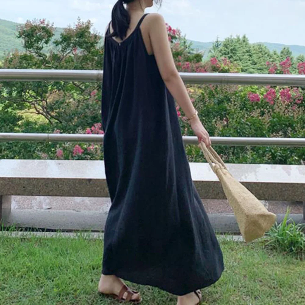 

2021 Korean Fashion Summer New Sleeveless Sling Ladies Dress Solid Color Loose Casual Simple Folds Round Neck