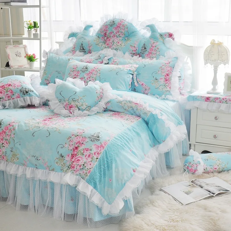 

4pcs Blue Floral Bedding Sets Princess Style Girls Lace Bedding Set Cotton Bed Linen Duvet Cover Bed Skirt Pillowcase Bed Sheet