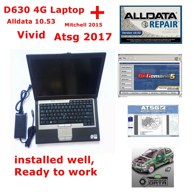 

2021 Hot All Data 10.53 Auto Repair Software Alldata Mit//chell OD 2015 Atsg Vivid 4in1 1TB HDD Installed In Laptop D630 4g Ram