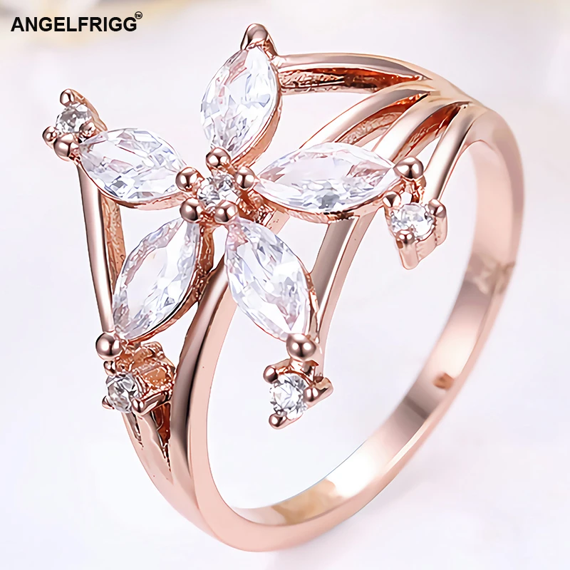 ANGELFRIGG уникальное розовое золото цветок палец кольца для женщин с прозрачным