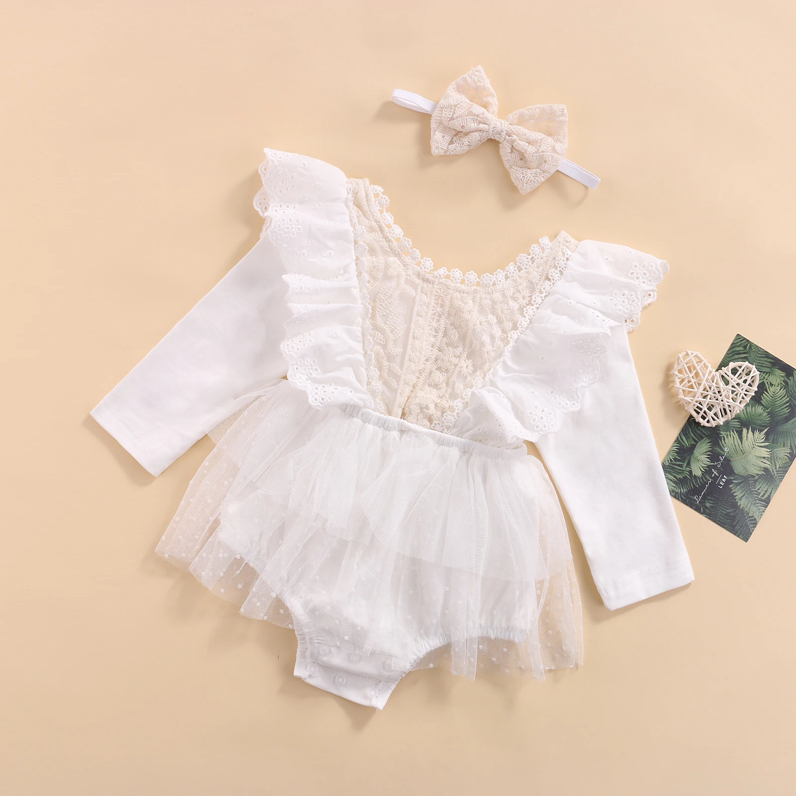 

Cute Sweet Girls Romper Autumn Newborn Infant Baby Ruffle Long Sleeve Floral Lace Tutu Romper with Headband 2pcs Set 0-18Months