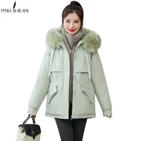 pinkyisblack parkas women fur liner winter jacket women coat short hooded outwear female thick cotton padded winter coat women