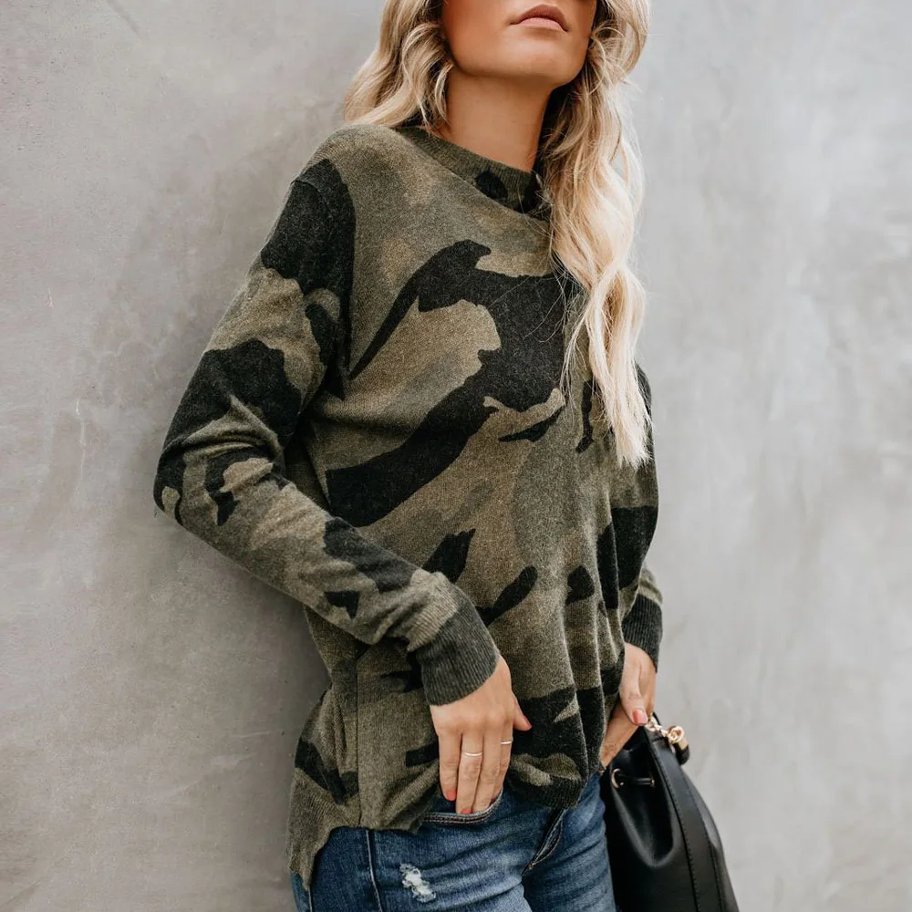 Женская свободная рубашка с длинным рукавом и камуфляжным принтом в армейском