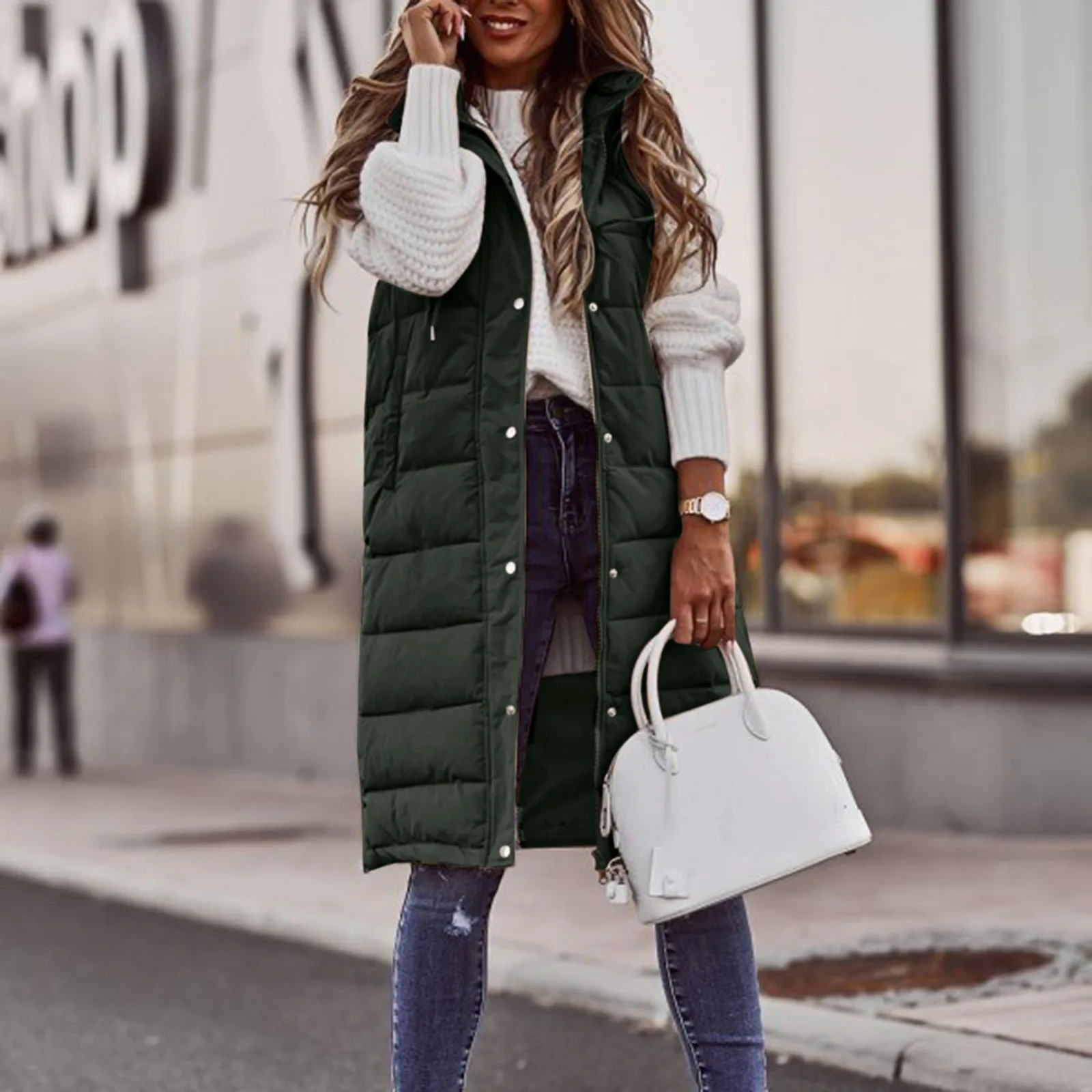 

Winter Long Coat Vest With Hood Sleeveless Women's Warm Down Coat With Pockets Vest Down Jacket Quilted Outdoor Jacket T6