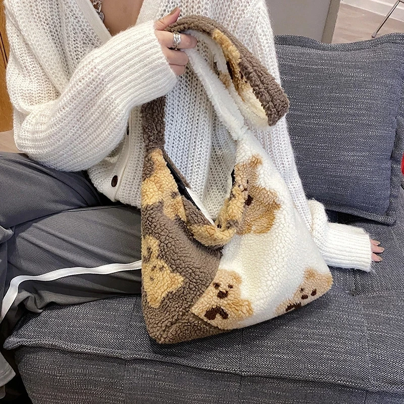 

Женская Осенняя плюшевая сумка, милая Наплечная Сумка с принтом медведя Ins, японская сумка для хранения, вместительные студенческие сумки д...