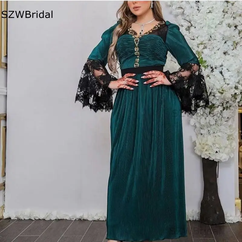 

New Arrival V Neck Long sleeve evening dresses 2021 Chiffon with Black Lace Evening gowns for women Caftan marocain