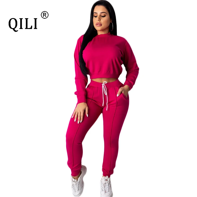 

QILI 2019 Autumn Winter Jumpsuits For Women Full Sleeve Top+Pants 2 Piece Set Casual Jumpsuit Womens Outfits White Black