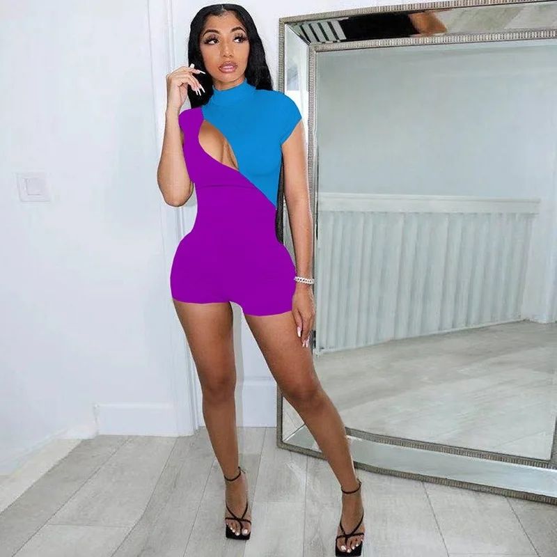 

Donsignet Fashion Women's Skinny Playsuit Stitching Hollow Out Zipper Sexy Ladies Jumpsuits Woman Bodysuits Casual Rompers
