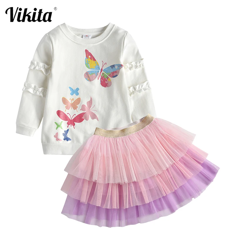 

VIKITA/комплекты одежды для девочек; Белая хлопковая футболка с длинными рукавами и принтом; Сезон осень-зима-весна; Многослойные юбки в сеточк...