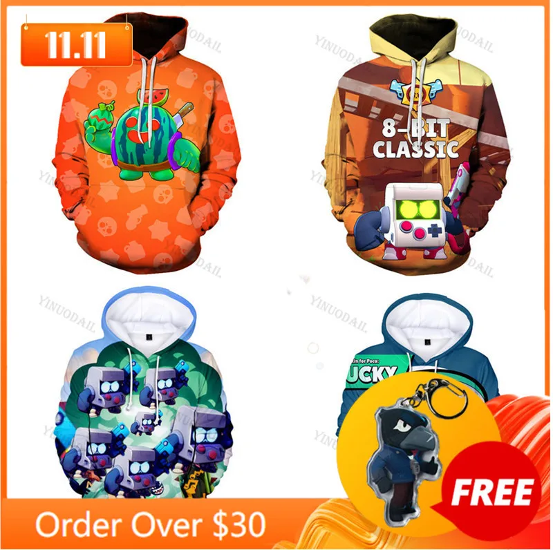 

8-Bit Spike Browls Shark Leon Thin Children's Wear Kids Hoodie Shooting Game 3d Sweatshirt Browlers Boys Girls Tops Teen Clothes