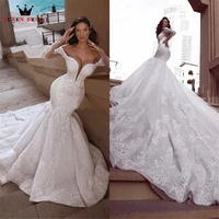 sexy mermaid wedding dresses long sleeve big train tulle lace beaded elegant formal bride dress custom make jy41