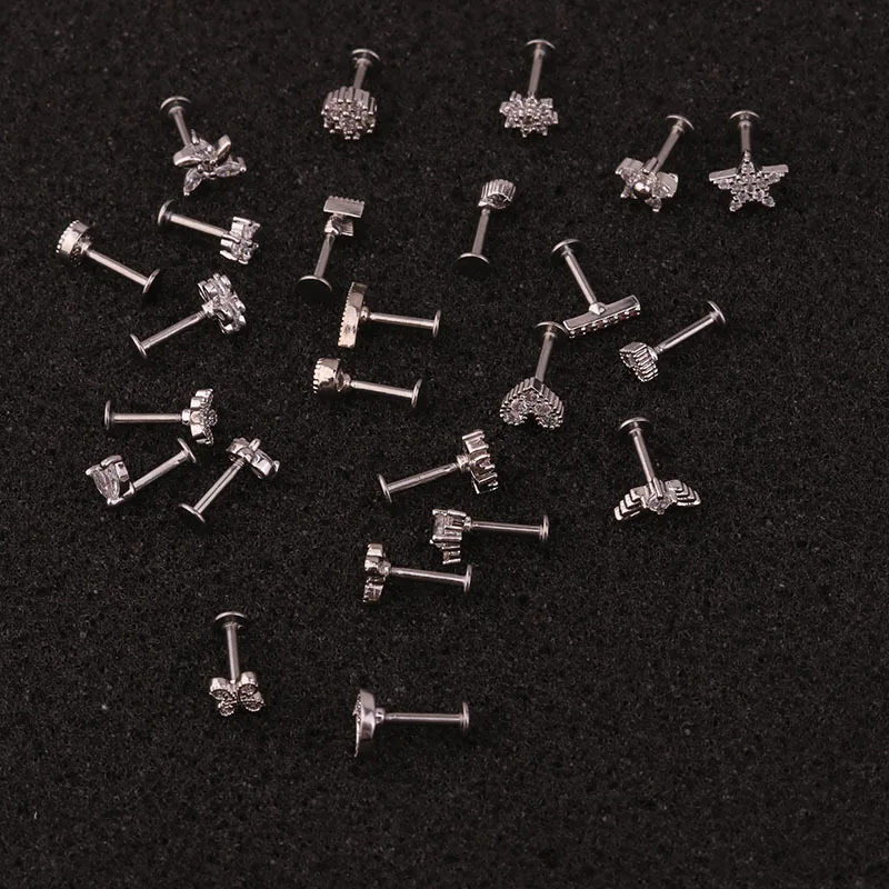 

1PC 16G Flat Labret Back Ear Piercing Crystal Cz Mini Moon Star Flower Cartilage Helix Daith Conch Rook Tragus Earring Stud
