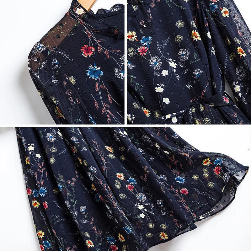 Шифоновое винтажное женское платье с высокой талией и цветочным принтом на