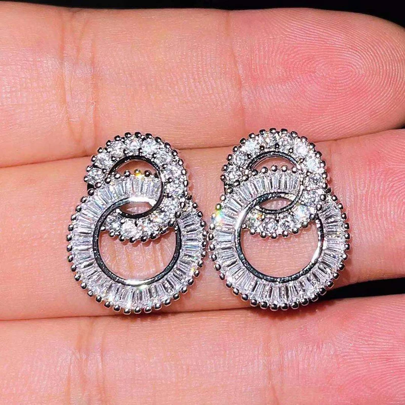 

Fashion Double Circle Stud Earrings Luxury Dazzling Zircon 925 Sterling Silver Geometry Jewelry For Women Wedding Cocktail Party