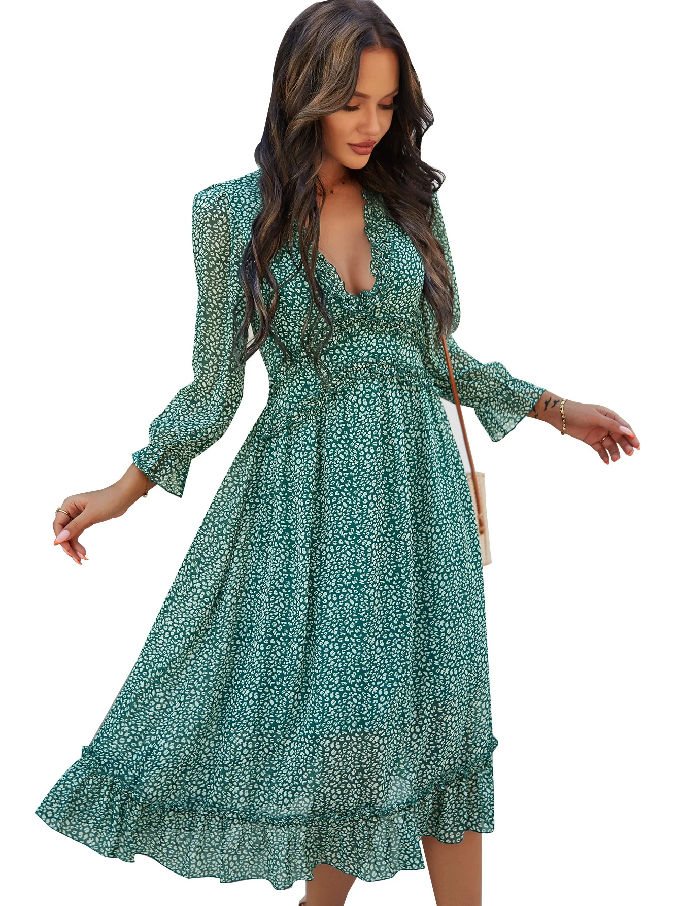 

2021 Spring New Sexy Chiffon Dress V Neck Print Dress Women Clothing Casual Butterfly Sleeve High Waist Dress Women Sexy Summer