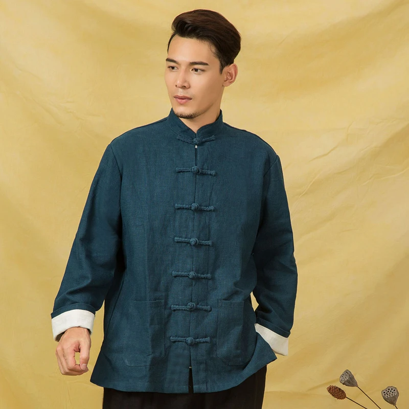 Осенние мужские льняные куртки Hanfu в китайском стиле, традиционные топы, костюм Tang, Свободная блуза с длинными рукавами, Восточная одежда Kung Fu Asia