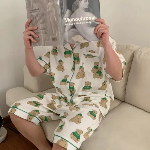 

Women's Bear Print Cartoon Pajama Set Home Suit Cotton Sleepwear Short Sleeve Summer 2 Piece Set Home Clothes Thin Tops Shorts