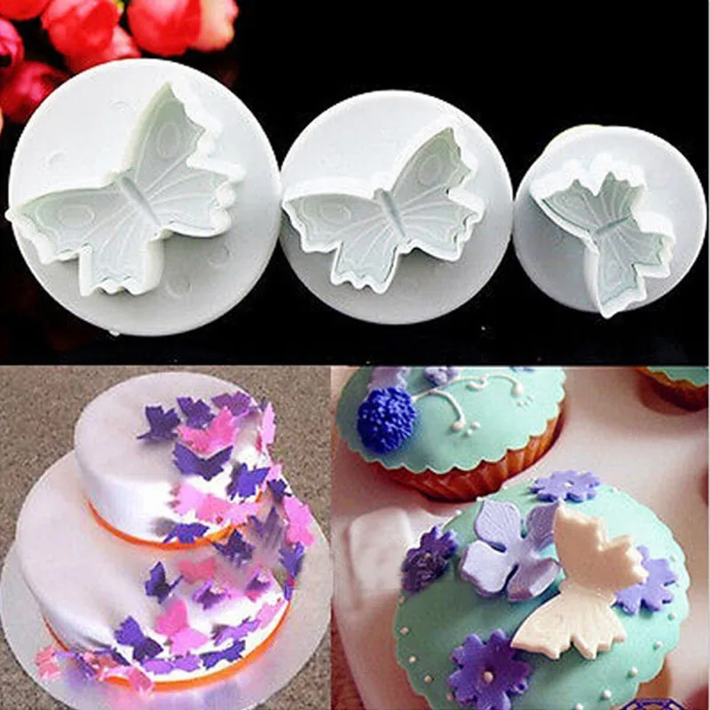 3Pcs/Set Butterfly Shape 3D Plastic Fondant Cake Cookie Sugarcraft Plunger Cutters Mold Cake Decorating Tools