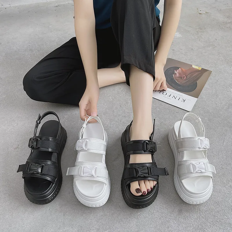 

Black Platform Sandals Muffins shoe Clogs With Heel 2021 Women's Med Female Shoe All-Match Increasing Height Espadrilles Flat Th