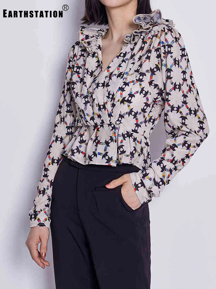 Женская рубашка с V образным вырезом и геометрическим принтом|Рубашки| |