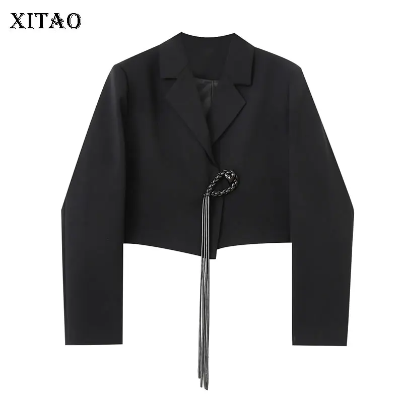 

XITAO Solid Black Short Blazer Coat Weave Tassel Button Splicing Decorate Women Top Fashion Spring Autumn New All-match WMD3911