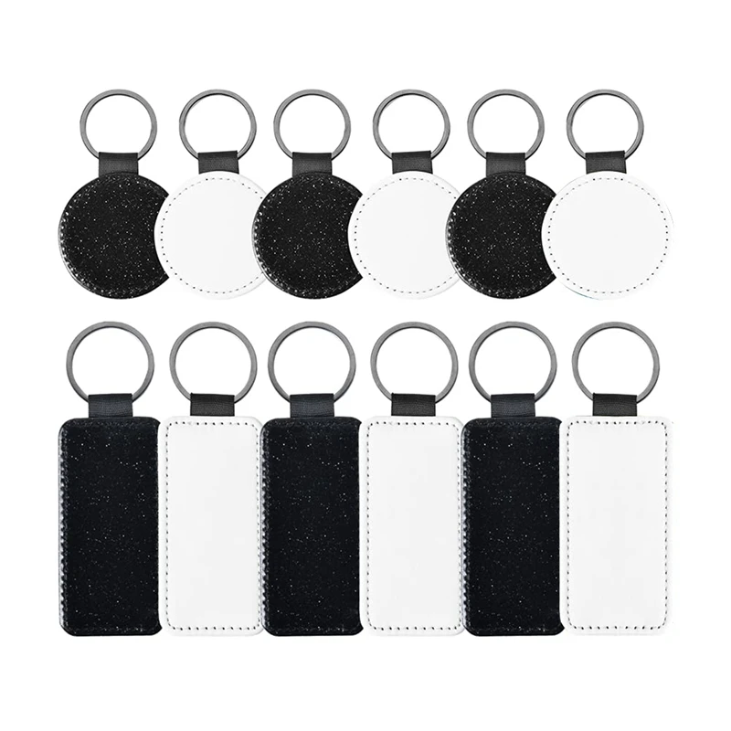 

12 PCS Sublimation Blank Keychain Heat Transfer PU Leather Keychain Round Square Shape Keychain for Present DIY Making